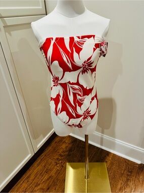 Shade & Shore Red and White Floral Strapless One-Piece Swimsuit